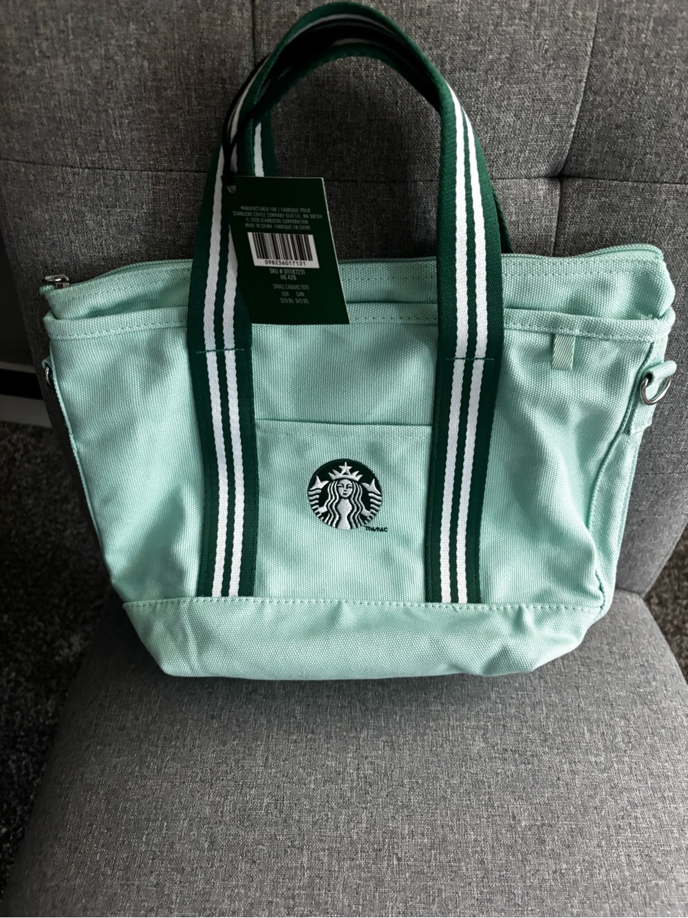 Starbucks Mint Green Tote with Dark Green Striped Handles